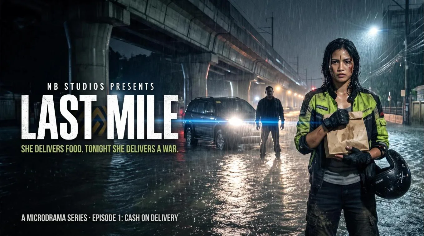 LAST MILE key art: Lia holds a takeout bag in a flooded Manila street under the LRT while an enforcer stands in an SUV&rsquo;s headlights