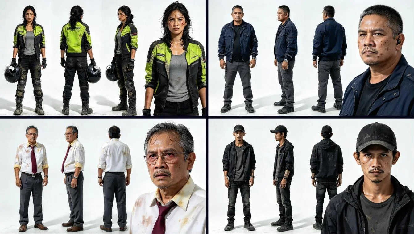 Four-view character sheets for Lia, Tano, Ramon and the Driver on white backgrounds