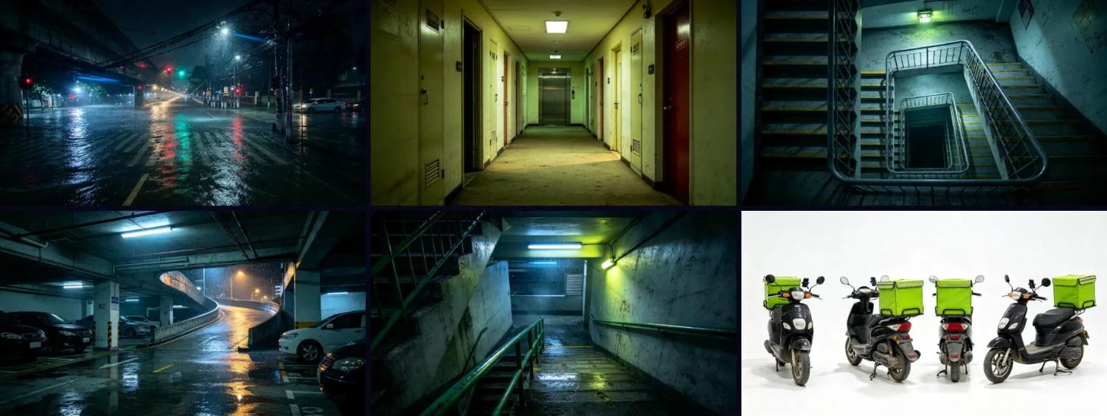 Location plates: flooded Taft Avenue, the condo hallway, the fire stairwell, the basement ramp, the garage stairwell, and the delivery scooter