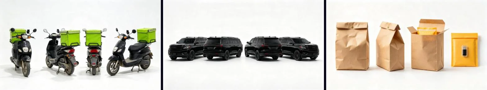 Prop sheets: the delivery scooter, the black SUV and the takeout bag with the padded envelope