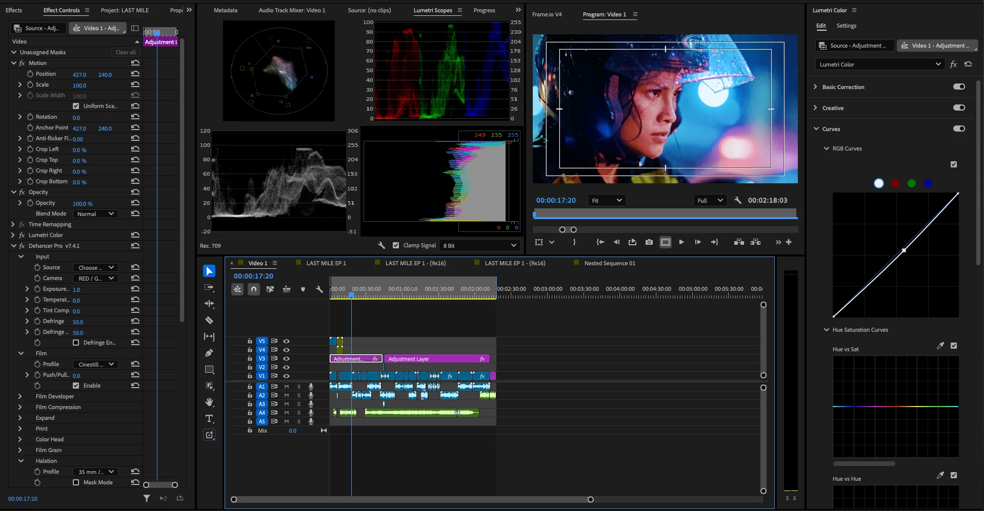 Adobe Premiere Pro workspace for LAST MILE: Dehancer Pro and Lumetri Color in Effect Controls, Lumetri scopes, the program monitor and the timeline