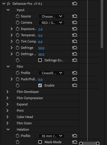 Dehancer Pro 7.4.1 in Premiere Effect Controls: Input with RED camera, Film profile CineStill, Halation profile 35mm