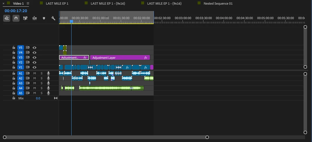 Close-up of the LAST MILE Premiere timeline showing clips on V1, two adjustment layers on V3, and audio on A1 to A5