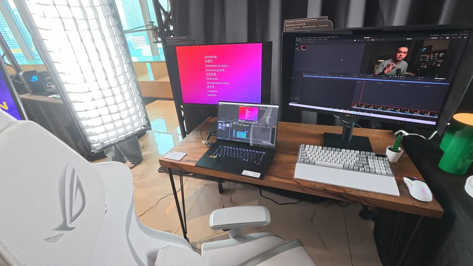Post-production desk with a ProArt laptop and monitors showing an editing timeline