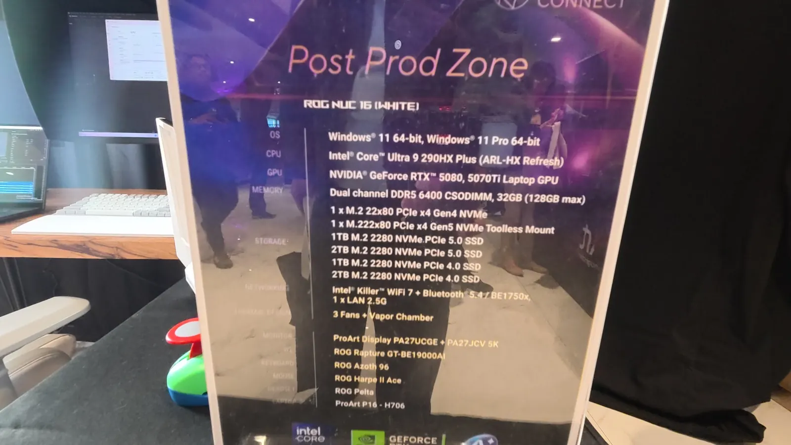 Post Prod Zone specification card listing the ROG NUC 16 and ProArt displays